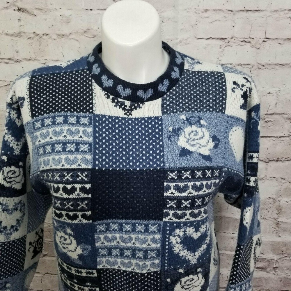 Vintage 90s Grace L Patchwork Sweater Hearts Roses Blue Knit Cottagecore Kitsch - Picture 3 of 9